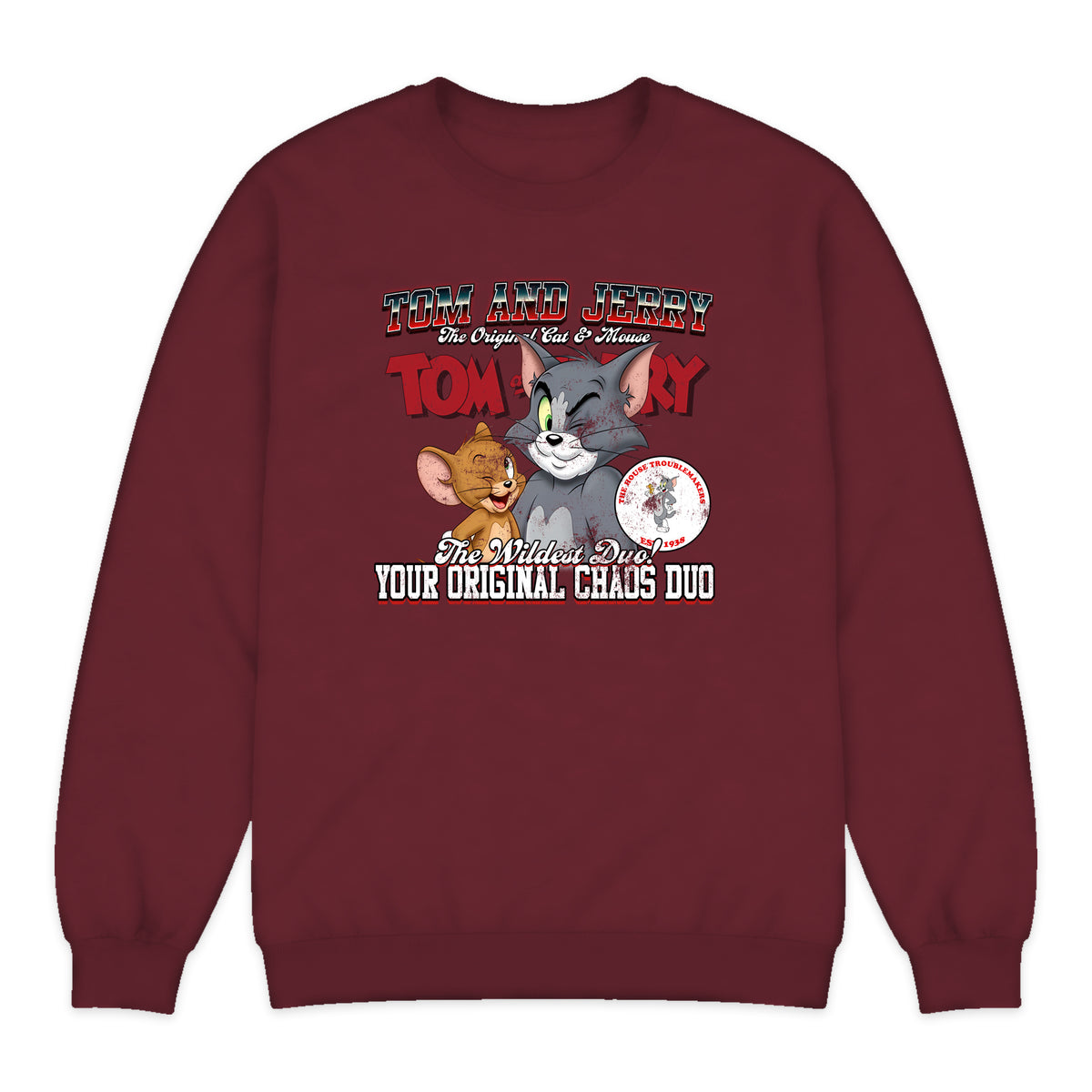 Tom and Jerry Varsity Crewneck Sweatshirt in Burgundy