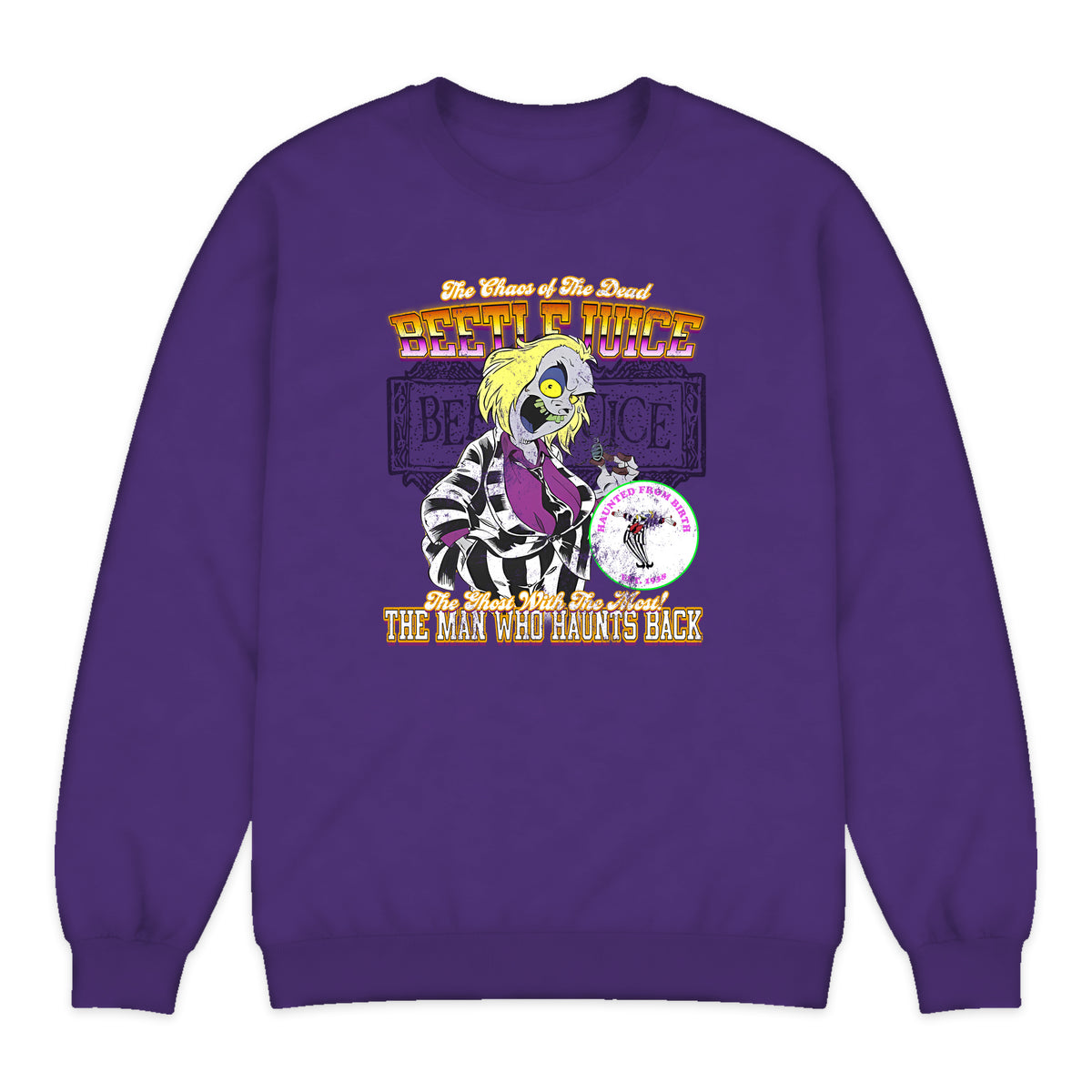 Beetlejuice Varsity Portrait Crewneck Sweatshirt in Purple