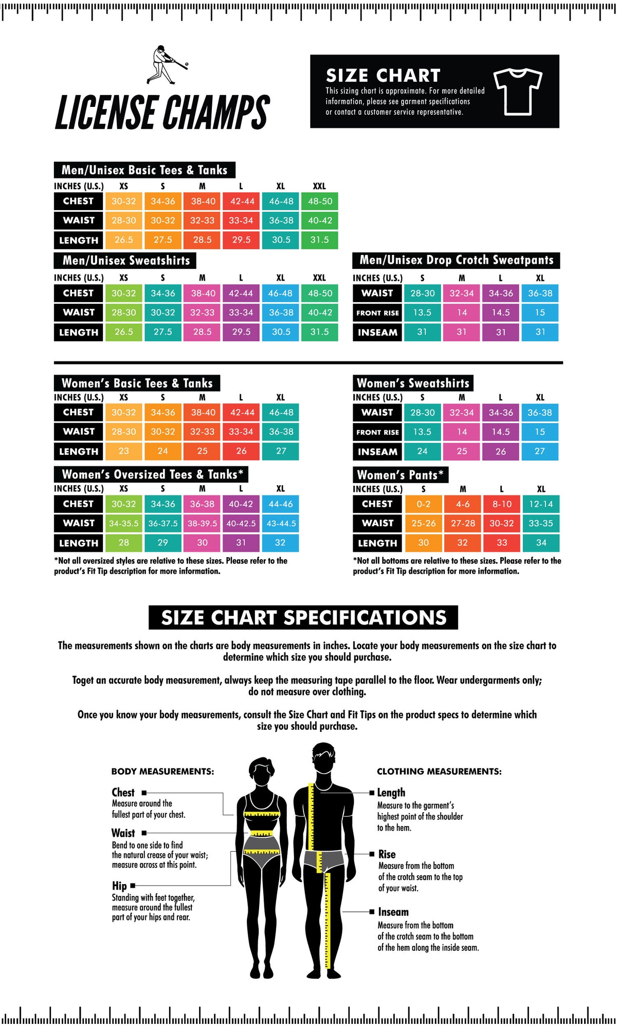 License Champs size guide for t-shirt - measurements in inches