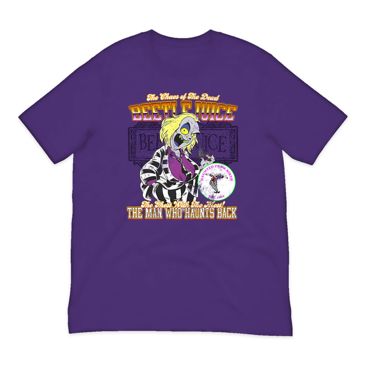 Beetlejuice Varsity Portrait T-Shirt in Purple
