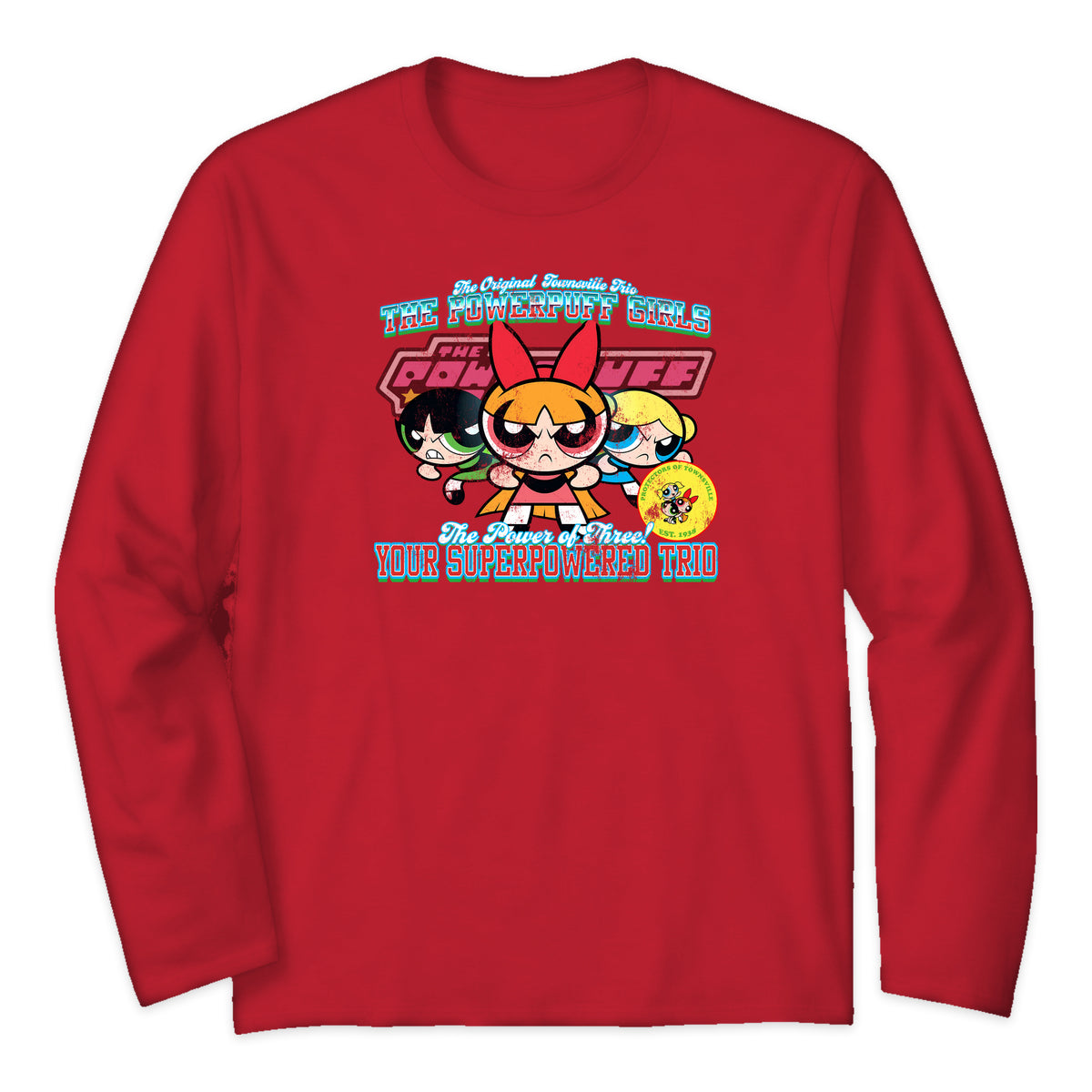 Powerpuff Girls Trio Varsity Long Sleeve T-Shirt in Bright Red