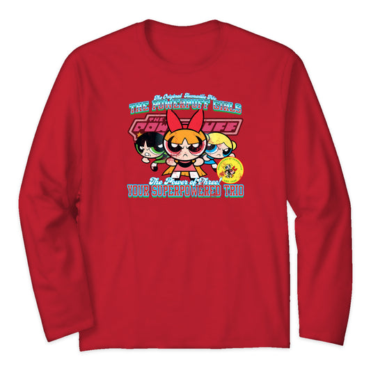 Powerpuff Girls Trio Varsity Long Sleeve T-Shirt in Bright Red