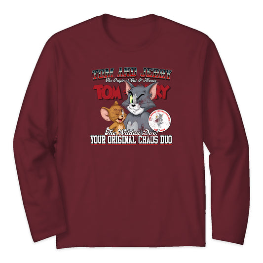 Tom and Jerry Varsity Long Sleeve T-Shirt in Burgundy