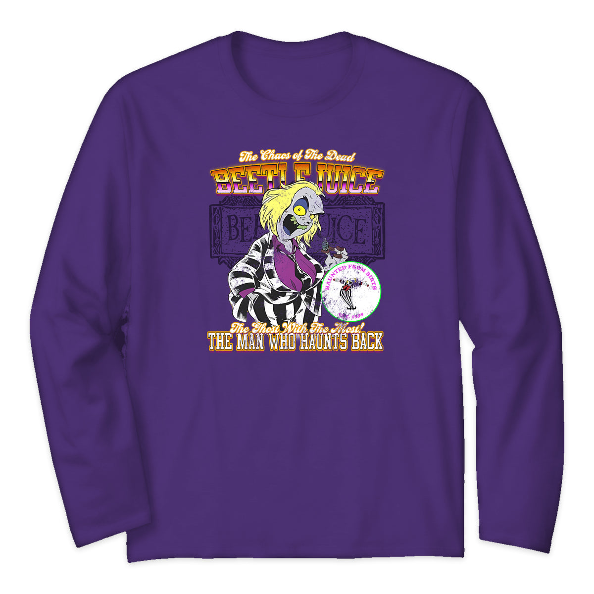 Beetlejuice Varsity Portrait Long Sleeve T-Shirt in Purple