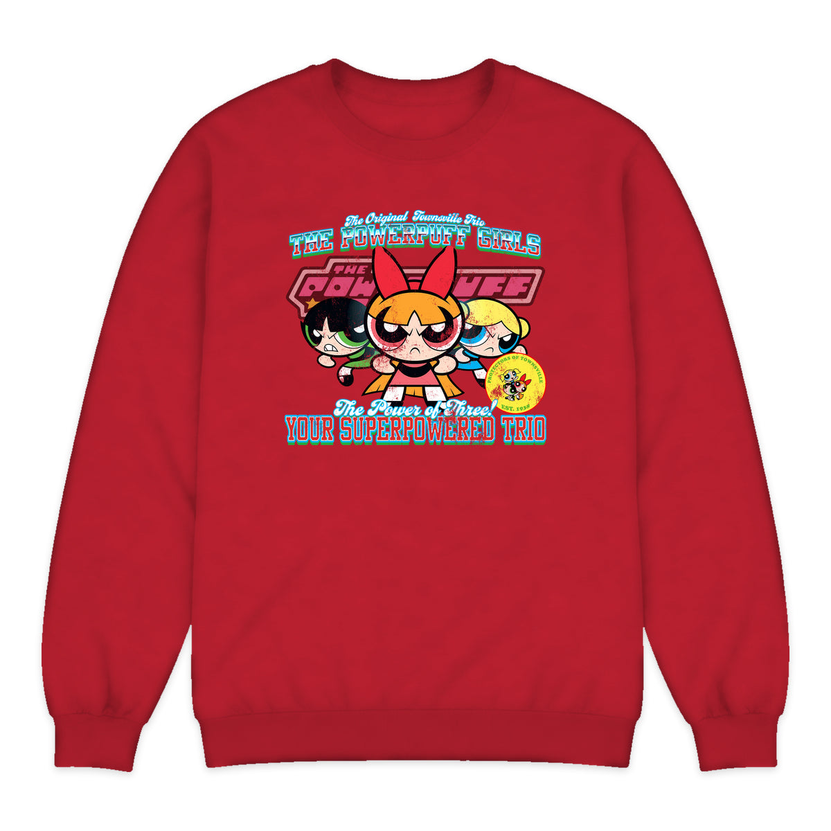 Powerpuff Girls Trio Varsity Crewneck Sweatshirt in Bright Red