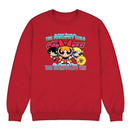 Powerpuff Girls Trio Varsity Crewneck Sweatshirt in Bright Red
