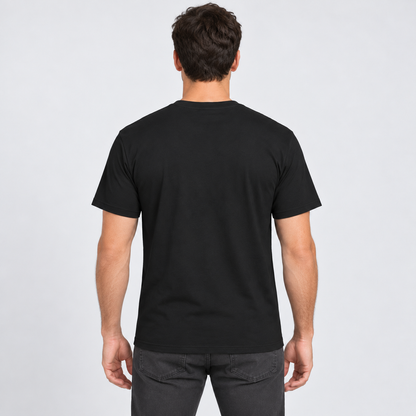 AI-generated model illustration: back view of black t-shirt. See original photo for product details.