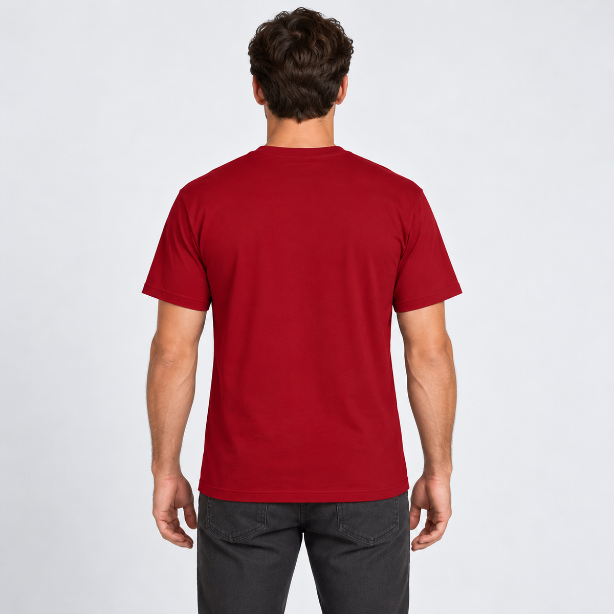 AI-generated model illustration: back view of crimson t-shirt. See original photo for product details.