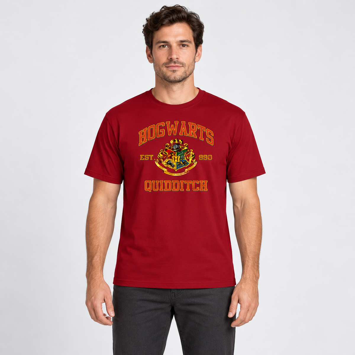 AI-generated model illustration: front view of Harry Potter T-Shirt in Crimson. See original photo for product details.