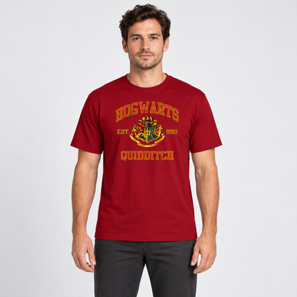 AI-generated model illustration: front view of Harry Potter T-Shirt in Crimson. See original photo for product details.