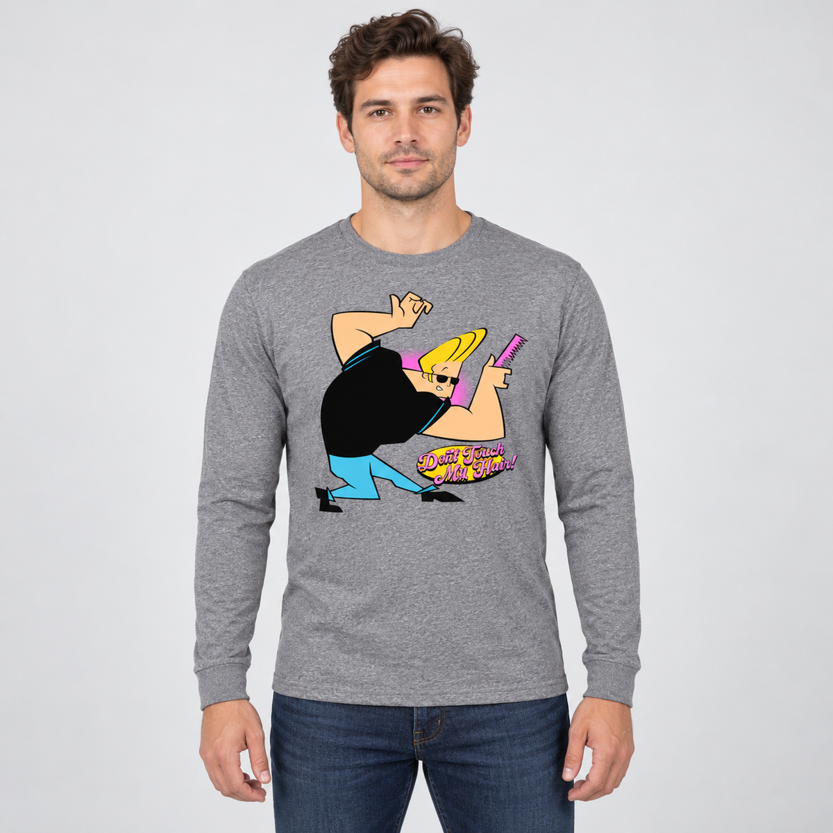 AI-generated model illustration: front view of Johnny Bravo Long Sleeve T-Shirt in Graphite Heather. See original photo for product details.