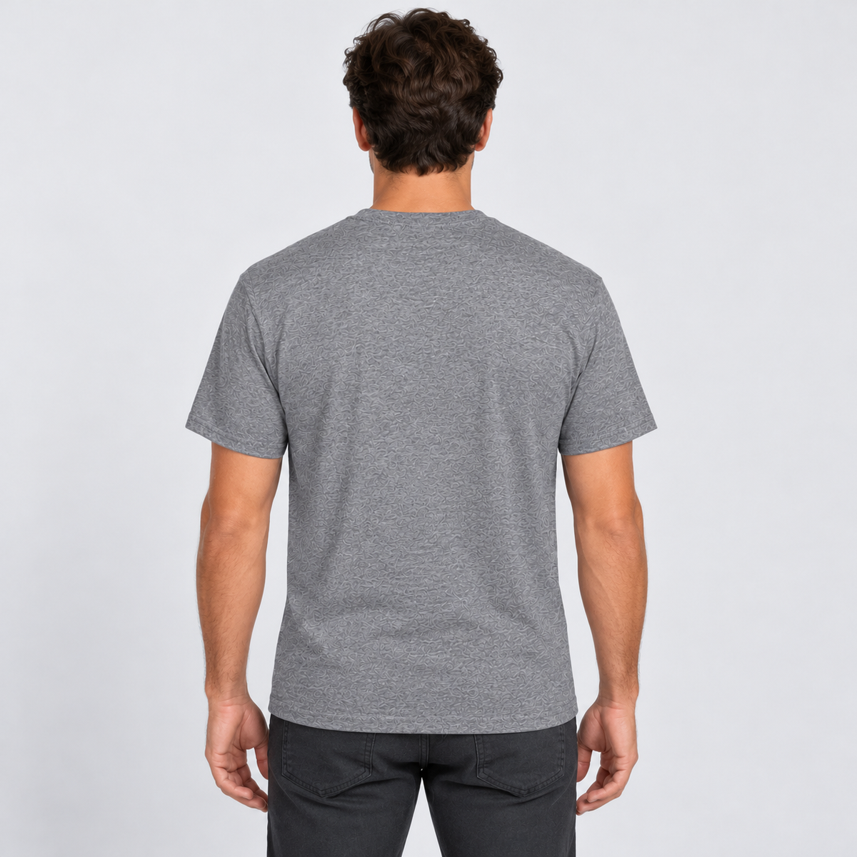 AI-generated model illustration: back view of graphite heather t-shirt. See original photo for product details.