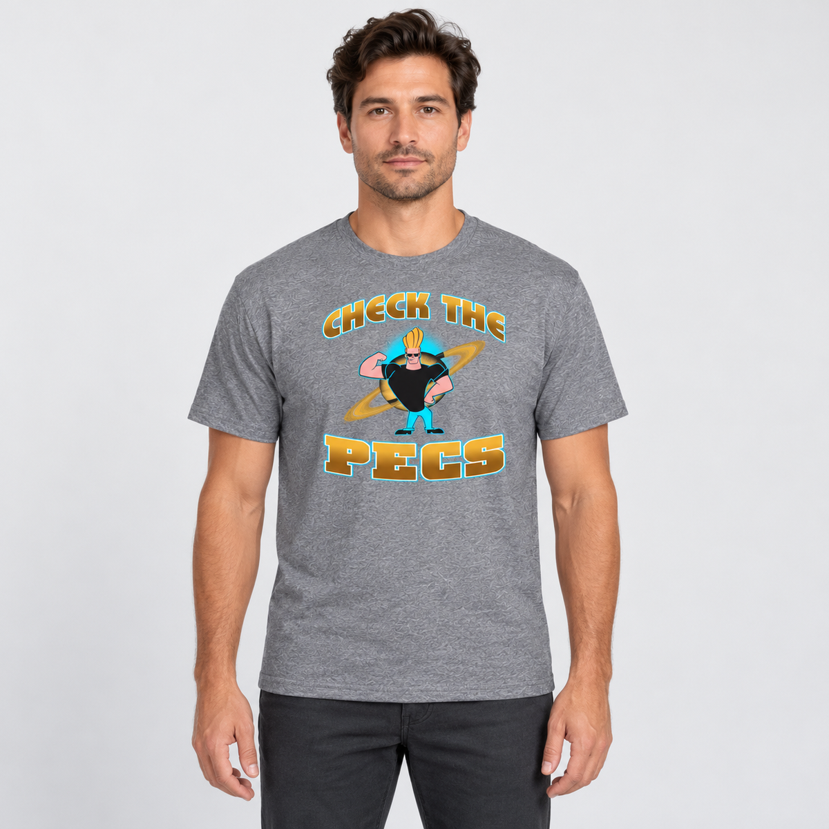 AI-generated model illustration: front view of Johnny Bravo T-Shirt in Graphite Heather. See original photo for product details.