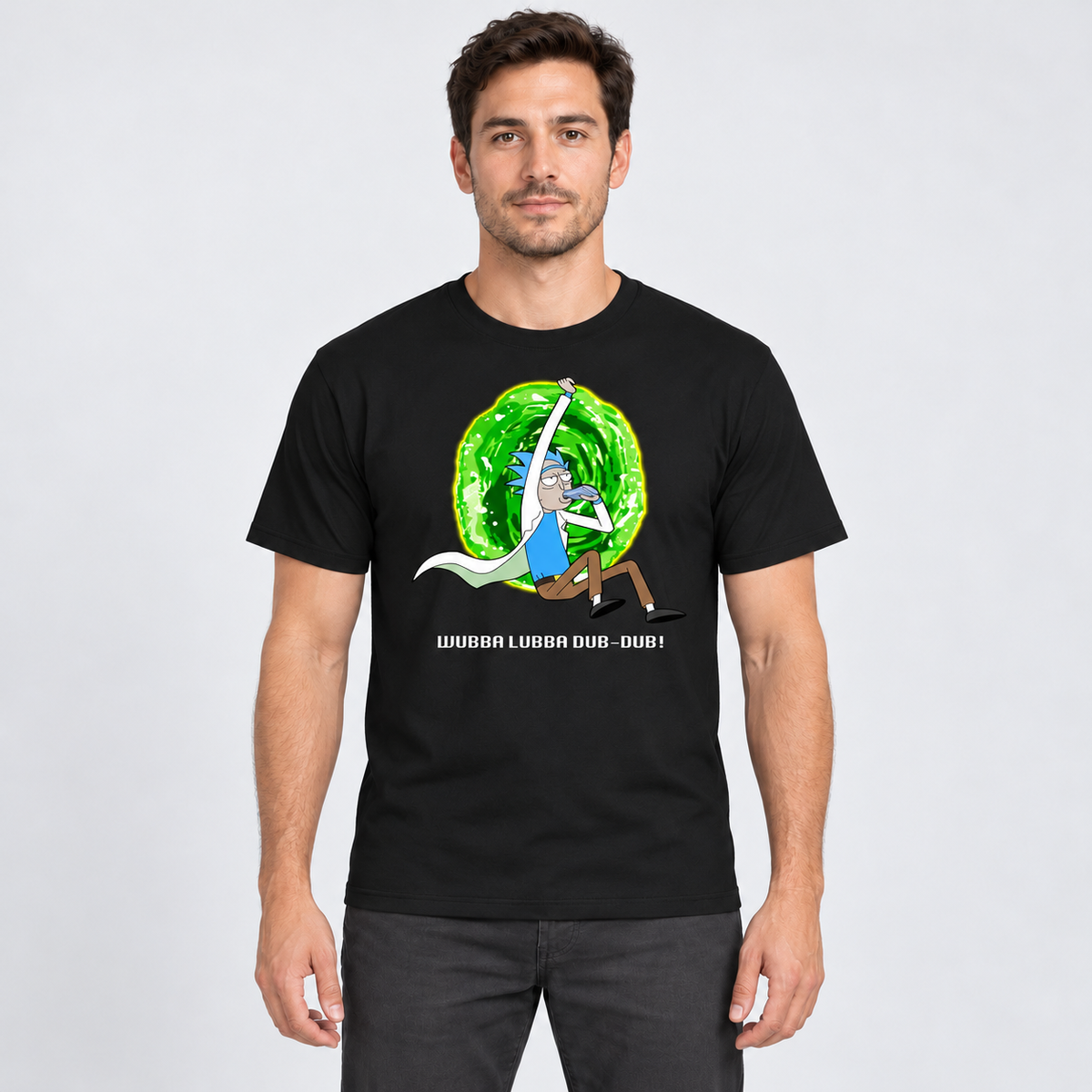 AI-generated model illustration: front view of Rick and Morty T-Shirt in Black. See original photo for product details.