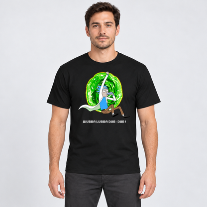 AI-generated model illustration: front view of Rick and Morty T-Shirt in Black. See original photo for product details.