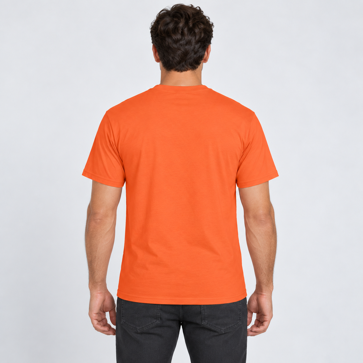 AI-generated model illustration: back view of orange t-shirt. See original photo for product details.