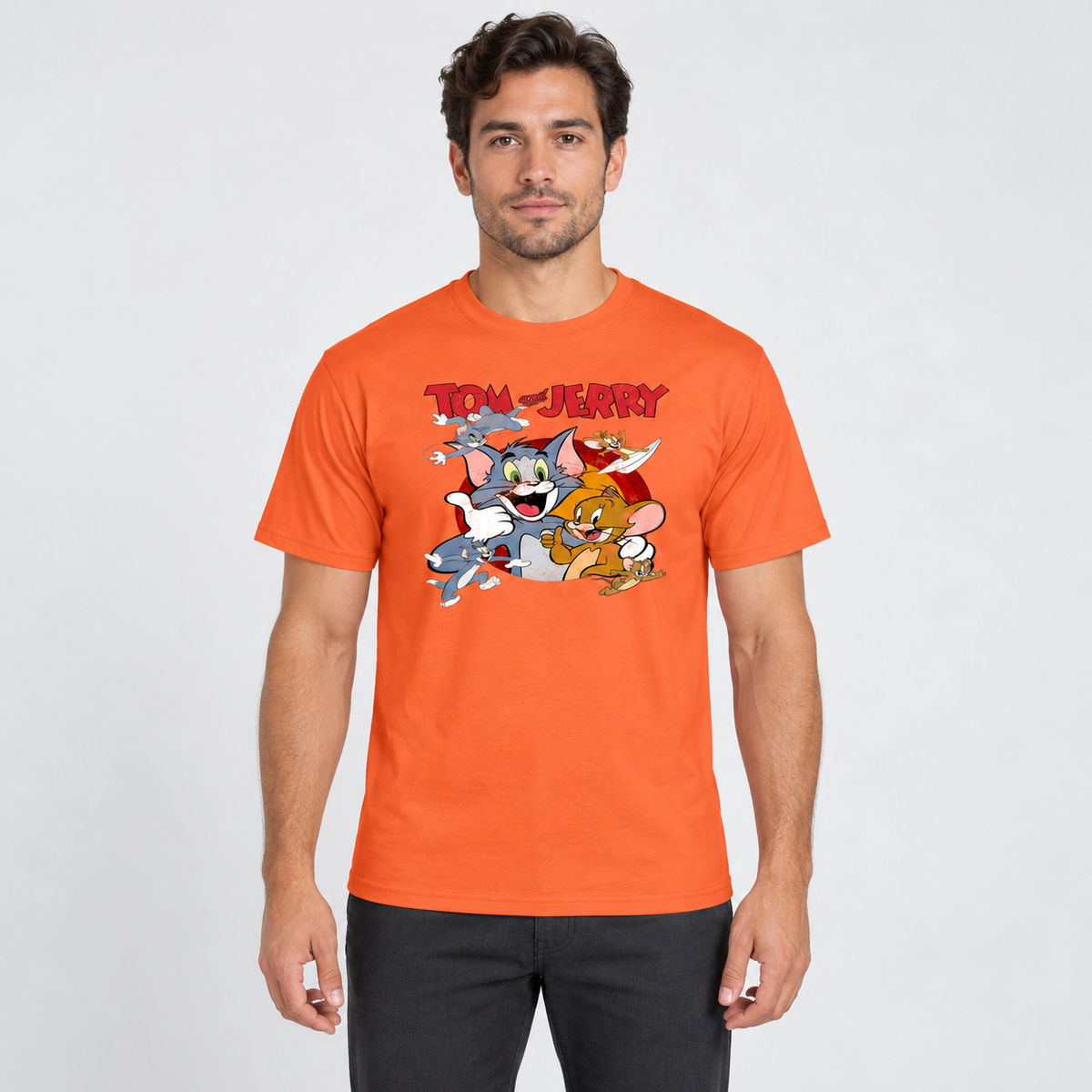 AI-generated model illustration: front view of Tom and Jerry T-Shirt in Orange. See original photo for product details.