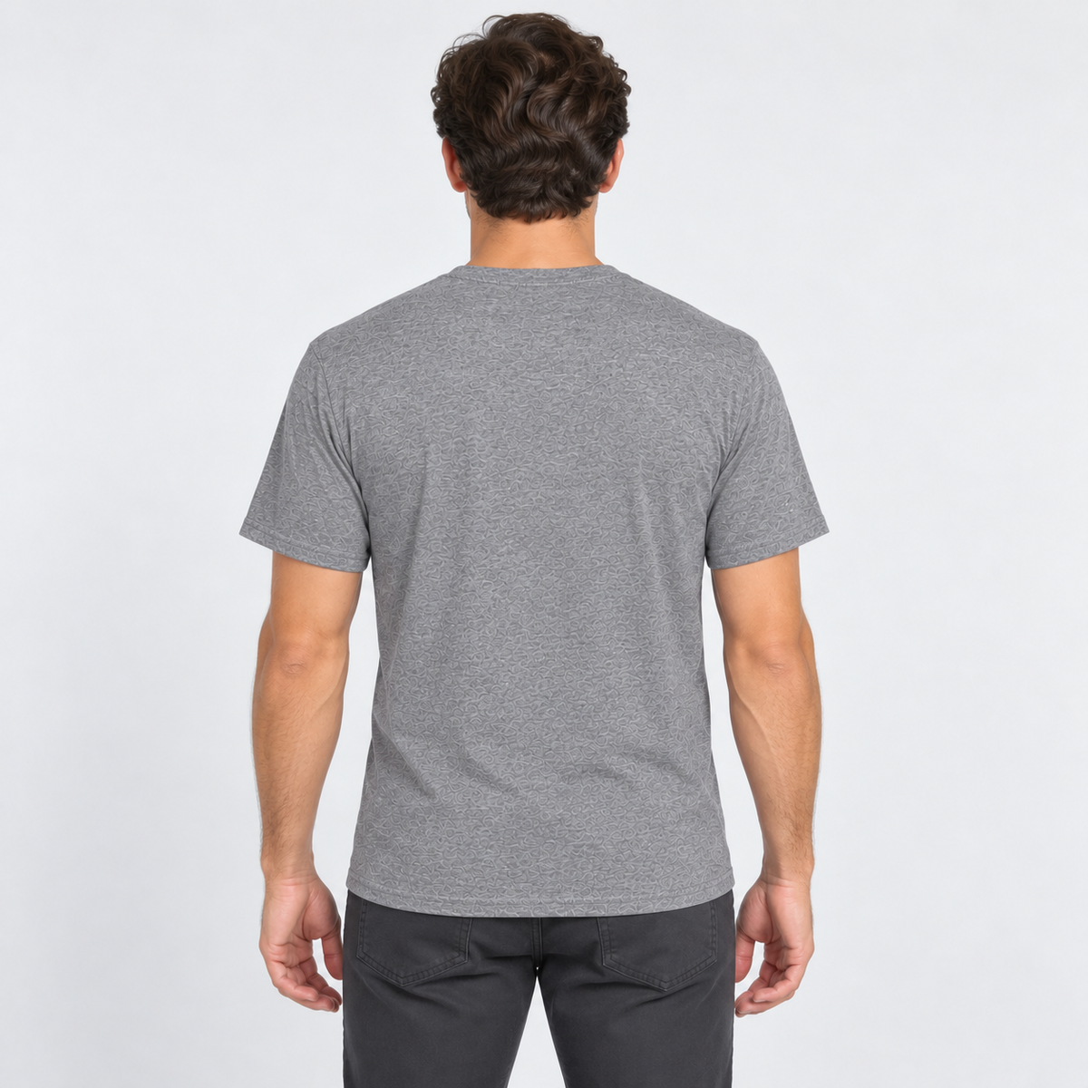 AI-generated model illustration: back view of graphite heather t-shirt. See original photo for product details.