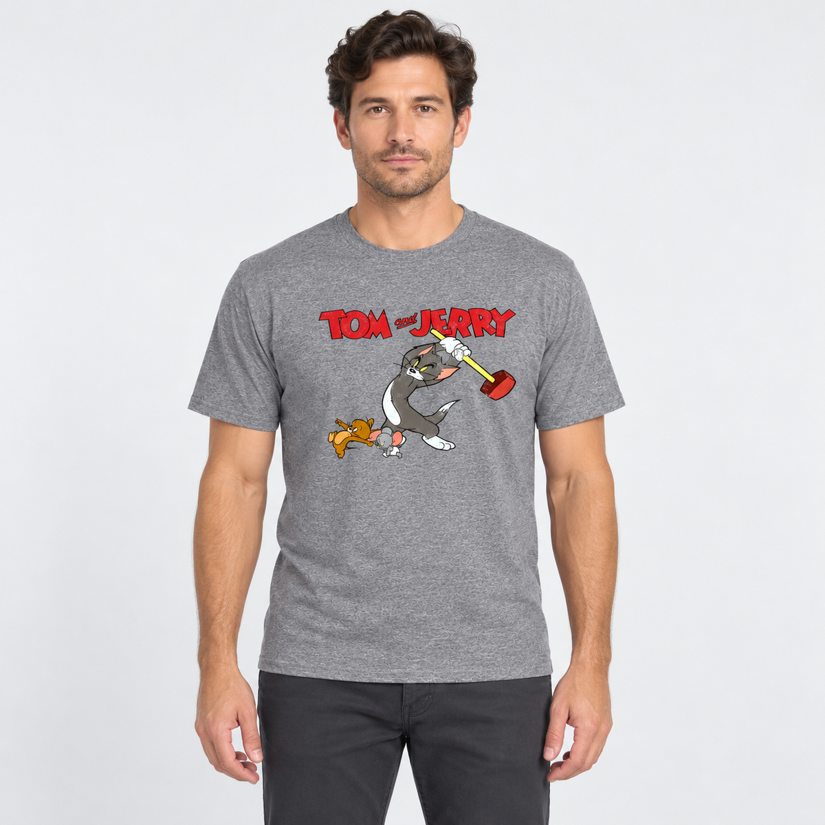 AI-generated model illustration: front view of Tom and Jerry T-Shirt in Graphite Heather. See original photo for product details.