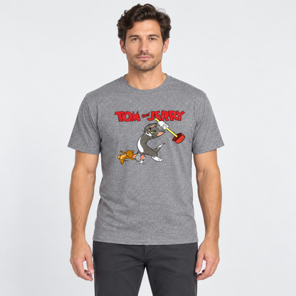 AI-generated model illustration: front view of Tom and Jerry T-Shirt in Graphite Heather. See original photo for product details.